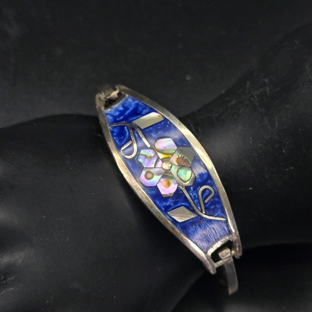 Alpaca Mexico Abalone Shell Inlay Flower Bracelet Vintage Jewelry